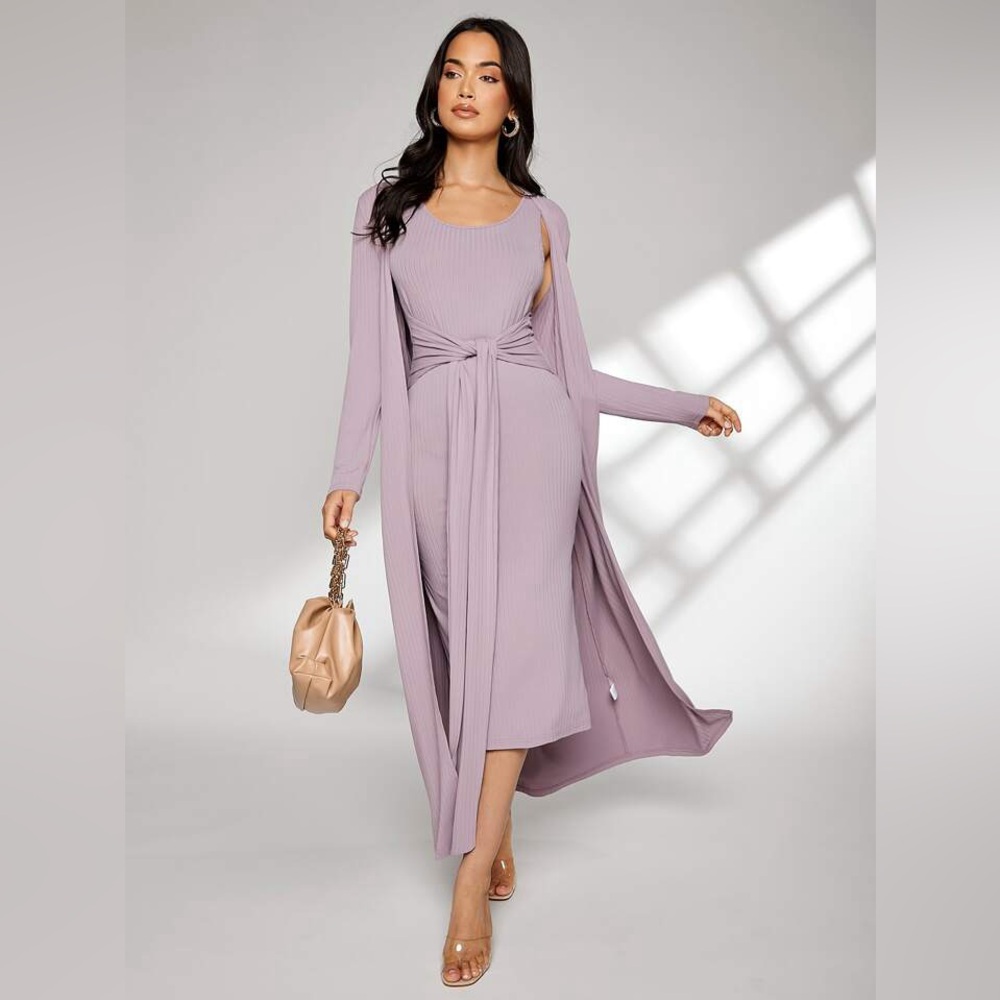 Solid Rib Self Belted Dress & Matching Long Cardigan